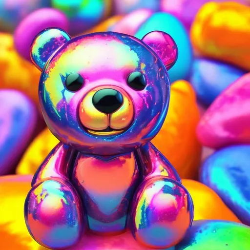 Prompt: Miniature teddy bear in the style of Lisa frank