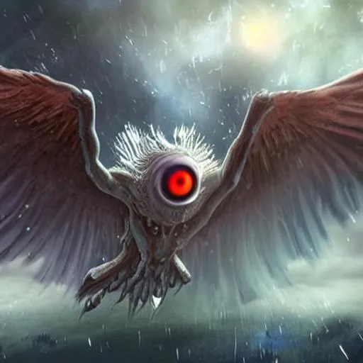 Prompt: epic creature that has four wings and looks like a bunch of flying eyes