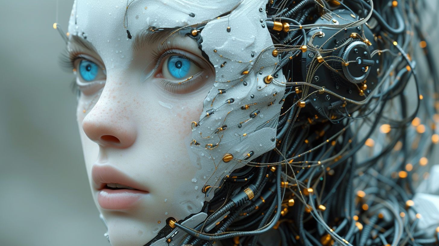 Prompt: Create a futuristic portrait of an advanced humanoid robot. The robot is adorned with a complex network of silver and gold wires forming an intricate circuitry pattern across the head and neck, resembling a high-tech crown. These wires should be set against the robot's smooth, matte black skin. The robot's eyes are a deep, glowing blue, with a sharp gaze that exudes intelligence and depth. The background is a subtle gradient from dark to light grey, focusing all attention on the robot, which is a blend of elegance, power, and advanced technology. The artwork should have a hyper-realistic quality, with a balance of shadow and light that highlights the textures and materials, making it appear tangible.