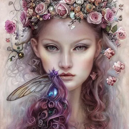 Prompt: nicoletta ceccoli, daniel merriam, fantasy art, fairy wings, renaissance gown, hyper realistic flower bouquet painting, sparkles, Beautiful goddess, Haute Couture, princess dress, beautiful symmetrical face, pre-raphaelite, soft shadows, stunning, dreamy, elegant, ornate, style of michael parks, tom bagshaw, roberto ferri and Marco mazzoni, hyper-realistic, matte painting , enhanced, photo render, 8k, art by artgerm, wlop, loish, ilya kuvshinov, 8 k hyperrealistic, crackles, hyperdetailed, beautiful lighting, detailed background, depth of field, symmetrical face, frostbite 3 engine, cryengine, bubbles, dragonflies, garden of roses and peonies background, ultra detailed, soft lighting,Mark Ryden, Dominic Murphy artwork and Tom Bagshaw artwork, big dreamy eyes, white and pink, art by Donato Giancola and James Gurney, digital art, trending on artstation, pop surrealism, lowbrow art, realistic, hyper realism, muted colours, rococo, natalie shau, loreta lux, trevor brown style