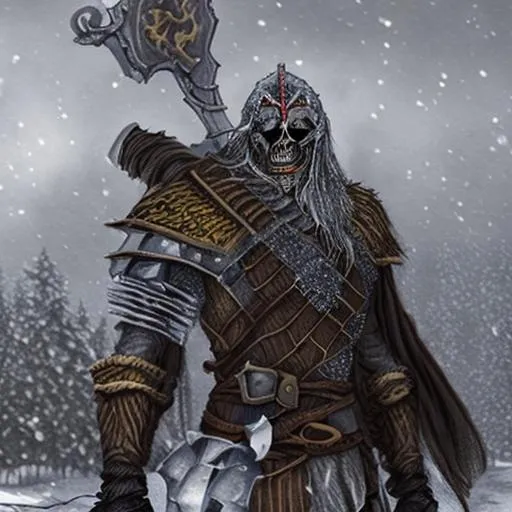 Prompt: Skeleton armored Viking in the winter on a ship