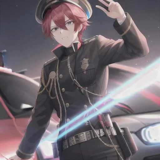 Prompt: Zerif 1male as a male police officer (Red side-swept hair covering his right eye)UHD, 8K, Highly detailed, insane detail, best quality, high quality, wearing a blue male police uniform, anime style, tilting his hat, standing in front of a cop car