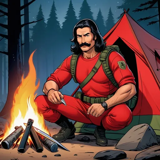 Prompt: A GI Joe (Code name Nomad) with thick dark hair and a moustache wearing a red football jersey expert in wilderness survival building a fire in front of his tent during the night i weapon is a hunting knife and an AK-47