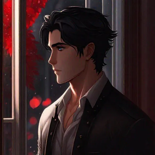 Prompt: Damien (male, short black hair, red eyes) staring out the window, in love