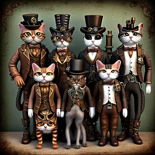 Prompt: steampunk cats family photo
