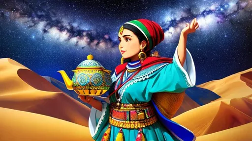 Prompt: Traditional berber woman holding a moroccan teapot in the milky way galaxy, geometric shapes, pop art, wide-angle