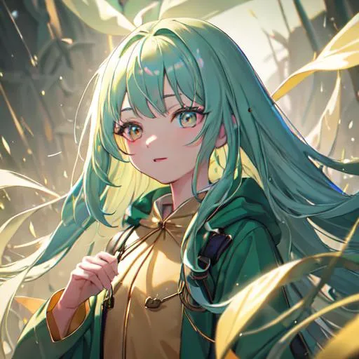 Prompt: (masterpiece, best quality:1.2), illustration, absurdres, highres, extremely detailed, 1 (petite) girl, Blue long hair, golden eyes, eye highlights, (green raincoat), depth of field, (:d:0.8), chromatic aberration abuse, pastel color, Depth of field, facing camera, raining, happy, wearing raincoat
