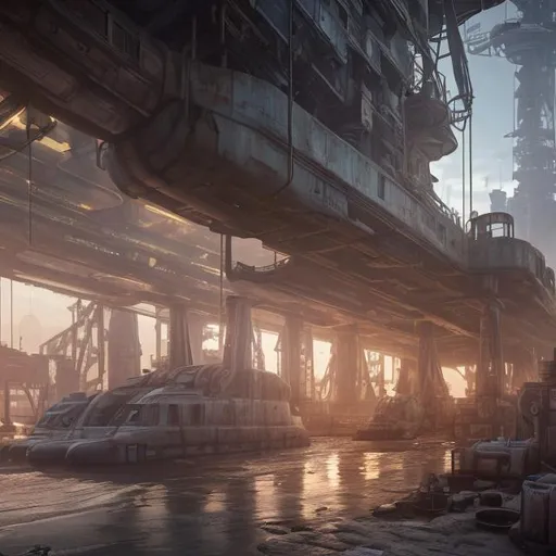 Prompt: futuristic dilapidated shipping and receiving port, several spaceships, art nouveau, interior, realistic details, photorealistic, 8k render, cinematic lighting, ultra detailed