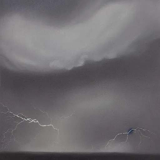 Prompt: Surrealism, surreal painting of turbulent and churning mass of dark gray and black, illuminated by occasional flashes of bright white lightning. Thick sheets of rain obscure your view of the lower regions of the cloud, while hailstones the size of golf balls rattle against the metal roof of the shelter you've taken refuge in, oil painting, rich dark ominous colors, fearful, wide angle lens, slow shutter speed 