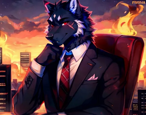 Prompt: solo, anthro, (by_frusha), wolf, dark fur, red eyes, in a business suit with a tie, location: a destroyed and burning city, blind left eye, scar on the left eye