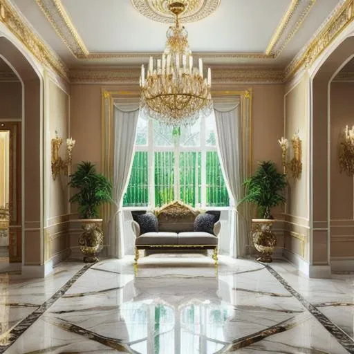 Prompt: gold lighted mansion, big windows, mansion, golden decorations, soft pastel colours, marble floors, perfect composition, hyperrealistic, super detailed, 8k, high quality, trending art, trending on artstation, nostalgic style, sharp focus, studio photo, intricate details, highly detailed, 3d, water colours, green trees inside, river outside
