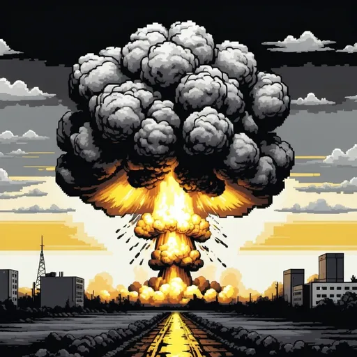 Prompt: Nuclear explosion, smoke, black, yellows, greys, whites, pixel art style