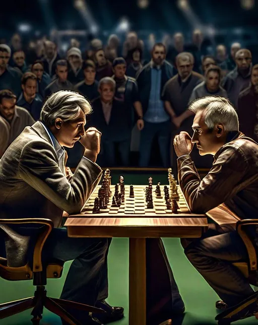 Prompt: Two chess masters face off in an international tournament, gazing intensely at the board spotlit dramatically overhead. A hushed crowd looks on at the competitive game. In the style of (Howard Lyon:0.5), ultra detailed, highly detailed scenario, photorealistic, intricate, masterpiece, UHD, HDR, symmetric, coherent, epic detail, stunning, beautiful, ,lumen render ,lumen path tracing ,path tracing light ,path tracing shadow ,path tracing special fx, 