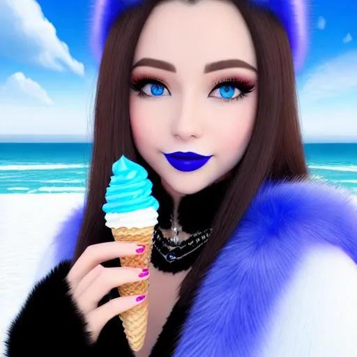 Prompt: Selena Gomez, eating candy ice cream, blue lipstick, snowy beach, blue heart necklaces, Thick blue fur coat, Black Cape, pleasant face, blue eyes, Black-purple eyeshadow, long ice earrings. Cold color scheme, ultradetailed, 8k resolution, perfect, smooth, high quality, shiny. 