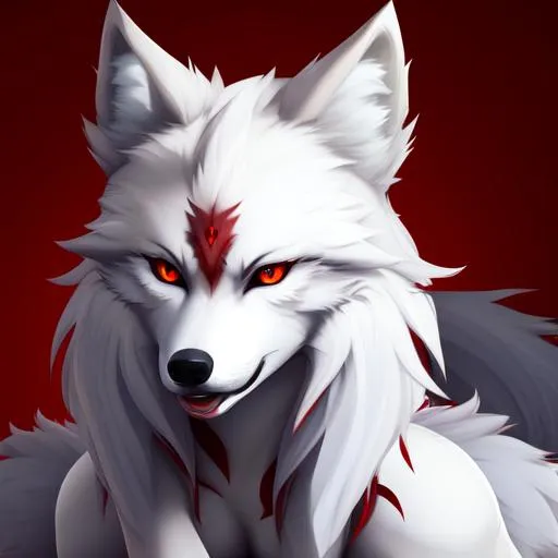 Prompt: antropomorphic wolf with red eyes and white pupils, female body, furry