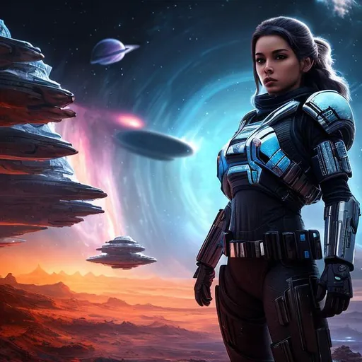 Prompt: create a photograph of beautiful fictional elite space soldier female, extremely, detailed environment, detailed background,planets an nebulae in sky highly detailed, intricate, detailed skin, natural colours , professionally colour graded, photorealism, 8k, moody lighting