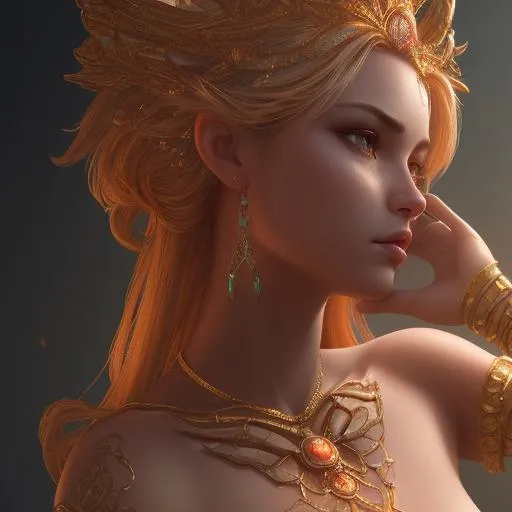 Prompt: closeup rearview half body shot, perfect body, bracelet, queen beautiful body, looking away, utopian, body parts, ethereal, highly detailed, octane render, cinematic, highly detailed, vibrant, production cinematic character render, ultra high quality model, 8k Ultra HD