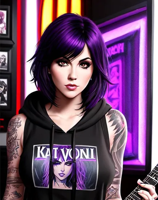 Prompt:  kat von d, 23 years old, tattoos, black  short hair with purple highlights, playing guitar in crowded bar, parted bangs, brown eyes, ethereal, black emo hoodie, denim shorts, wild hair, royal vibe, highly detailed, digital painting, Trending on artstation , HD quality, Big Eyes,artgerm, by Ilya Kuvshinov