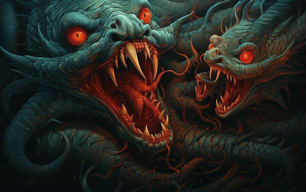 Prompt: drew by python twisted fantasy art poster, in the style of tomasz alen kopera, dark teal and orange, hybrid creature compositions, hyper-detailed illustrations, terrorwave, etam cru, close-up intensity