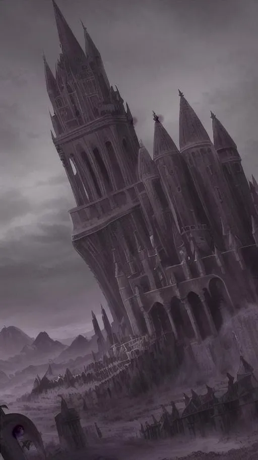 Prompt: nighttime, gothic, grimdark, perfect composition, hi-res, quality upscaled image, 16k, spiked fraise fortress, towering sprawling fortress, barren skeleton covered landscape
 