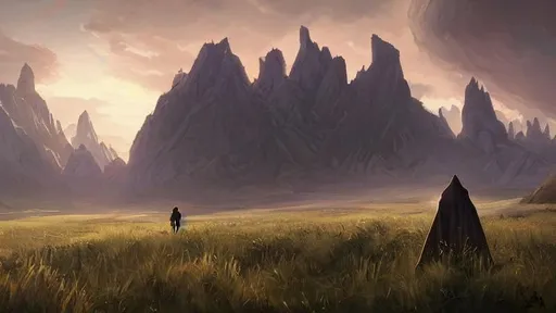 Prompt: fantasy concept art by greg rutkowski, hooded figure in the  foreground looks out over meadow with jagged mountains in the background, luminous  crescent fills the sky, endor, rock outcroppings,  gestural oil painting style, backlit, cinematographic morning light, artstation hq, 
