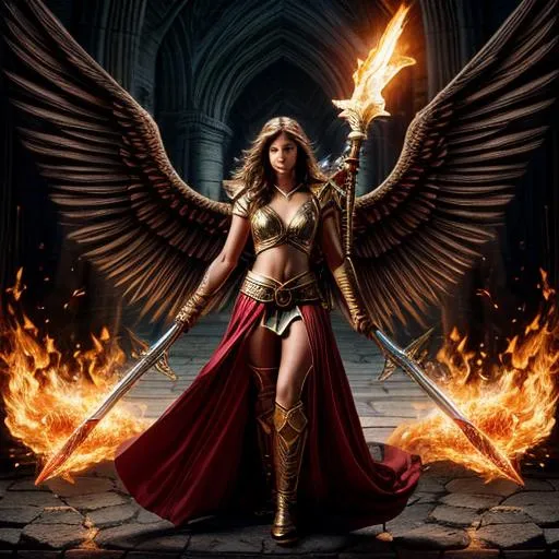 Prompt: Arc mage with a fire sword and a powerful angel fight against demons