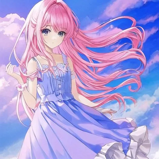 Prompt: A beautiful girl like Cotton candy, best quality, Anime, she is human but her dress and hair look like pink and blue cotton candy  . big everything.Big everything ,hot beautiful, Siting on a pink cloud . There is blue and pink clouds floating around her, she is 38 and is wearing a fluffy ruffly skirt that is blue and pink her shirt is like a nightgown. It is day time. Her hair is curly and medium it is blue and pink. She wears a hair pin that is a cute. She is cute . hot big everything. she is 48. she is hot pretty and a little chubby. She is big and hot. also kawaii. she is skinny but her but is big 