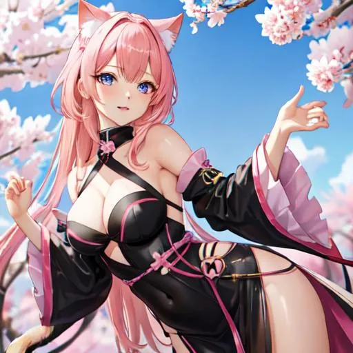 Prompt: Sakura, 8k, UHD,  highly detailed, pink hair, blue eyes, cat ears, wearing a black revealing dress