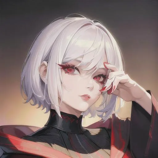 Prompt: (masterpiece, illustration, best quality:1.2), wolfcut, short white hair, red eyes, wearing black robe portrait, mean face, best quality face, best quality, best quality skin, best quality eyes, best quality lips, ultra-detailed eyes, ultra-detailed hair, ultra-detailed, illustration, colorful, soft glow, 1girl, beautiful girl, princess like, , small golden crown on top