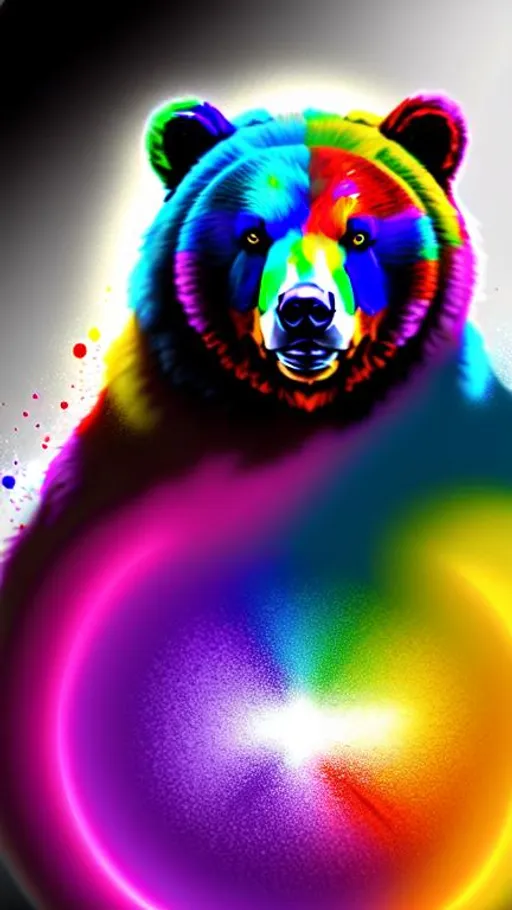 Prompt: 4K, ultra realistic, shiny, colorful, round, bear coming out of white canvas with splotches of paint on the canvas