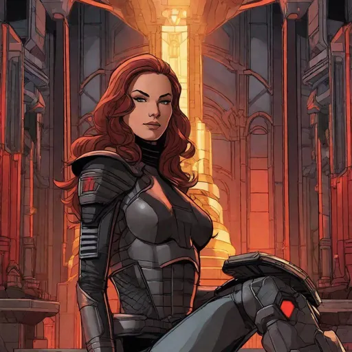 Prompt:   Jean Gray from X-men in sith armor. In background a scifi dark side temple. Well draw face. Detailed. Star wars art. Rpg art. 2d art. 2d.