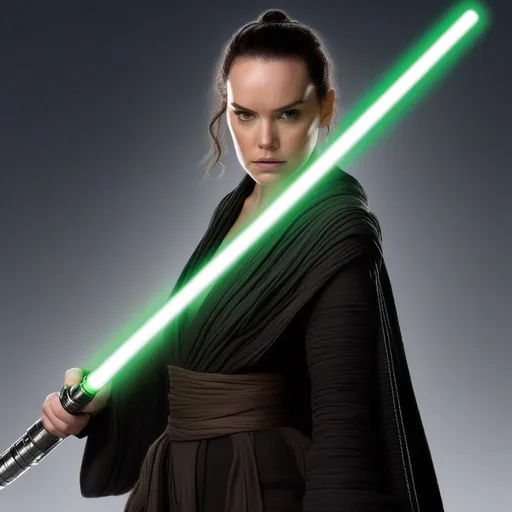 Prompt: Daisy Ridley as Rey with a green lightsaber and black robes