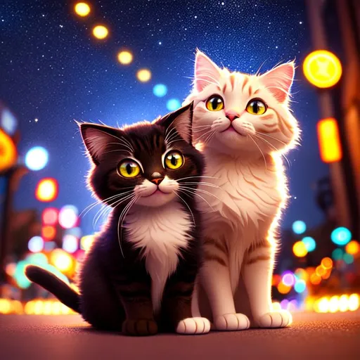 Prompt: Disney Pixar style cute cat, highly detailed, fluffy, intricate, big eyes, adorable, beautiful, soft dramatic lighting, ultra high quality octane render, nighttime city background, galaxy, light trails, bokeh, hypermaximalist