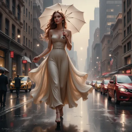 Prompt: a woman in a dress holding a  umbrella walking in the rain on a city street with cars, Art Frahm, american scene painting, kinkade, an art deco painting