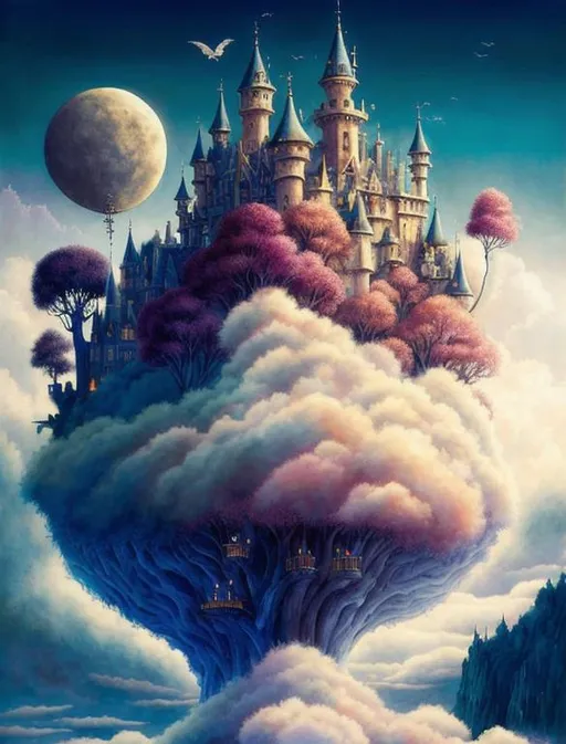 Prompt: A magical castle, floating in puffy clouds, surrounded by funny trees. Art by Daniel Merriam, AURIKA PILIPONIENE, IRA KENNEDY, Arthur Rackham, Dr Seuss, MARIA SERAFINA Tribunella, DEBBIE CRISWELL, Arief Putra, Anita Inverarity,  Itzchak Tarkay, remedios varo. Super clear resolution, cinematic smooth, polished finish, watercolor ink.