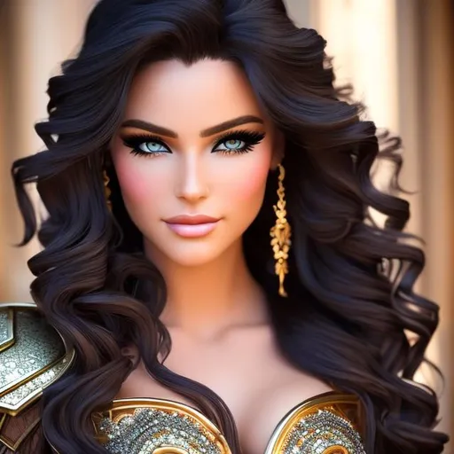 Prompt: Fantasy Supermodel, long wavy hair, {{extra large breasts}}, bejeweled armor, crystal hair, rainbow eyes, Gold_Crown, Royalty, Precise and In Control, RPG, D&D, highly detailed face, highly detailed eyes, full body, whole body visible, full character visible, soft lighting, high definition, ultra-realistic, 