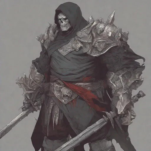 Prompt: Tall, Intimidating, Large, male, Solomon Grundy/goliath D&D build, black hair,  very dark grey scarred skin, covered in bandages, dark tattered cloth armor exposes his midriff, hood of magical darkness that completely shrouds his face with a mask of darkness, large red gem between pecs in chest, Path of the Zealot Barbarian, Strong, wielding large two-handed great-axe, Fantasy setting, D&D, Dead clerics around him, undead, zombie