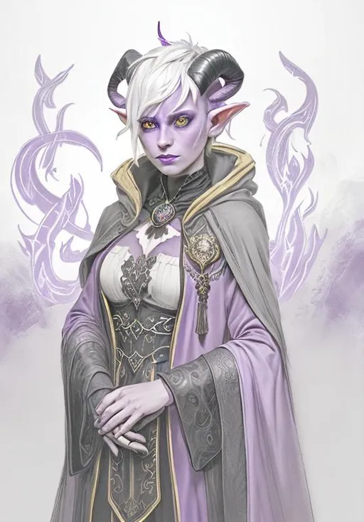 Prompt: A portrait. Woman purple tiefling. Dark glowing eyes. Curled ram horns. Short hair with one side shaved. Wizard in robes