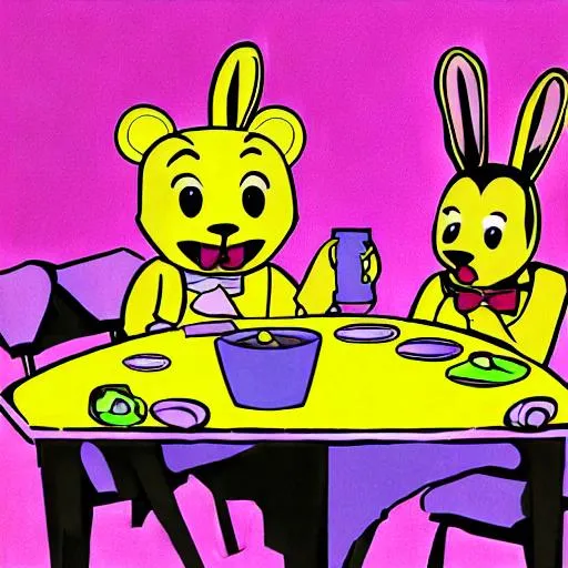 Prompt: fredbear family diner, bunny and bear,yellow,80s style