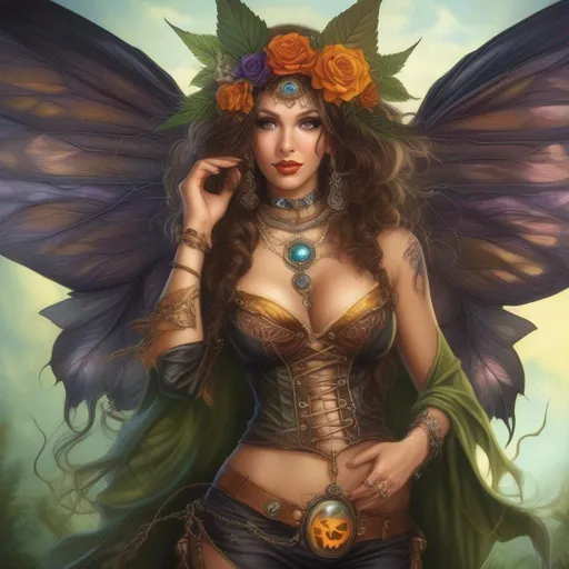 Prompt:  ((Wide angle)). ((Hyper real painting)). Halloween night.  Shes a ((colorful)), steam punk, belly dancer, Witch. A ((spectacular)), winged, Cannabis fairy. ((An extremely beautiful)), buxom,  shapely woman with, ((Anatomically real hands)), and ((vivid)), ((colorful)), ((extremely, bright eyes)),  wearing a skimpy, ((colorful)), ((gossamer)), ((flowing outfit)).  ((high res detailed illustration)). ((Sony a7 IV)). ((Cinematic)). ((Epic)). ((Concept art)). ((Marmoset Toolbag  render)). 
