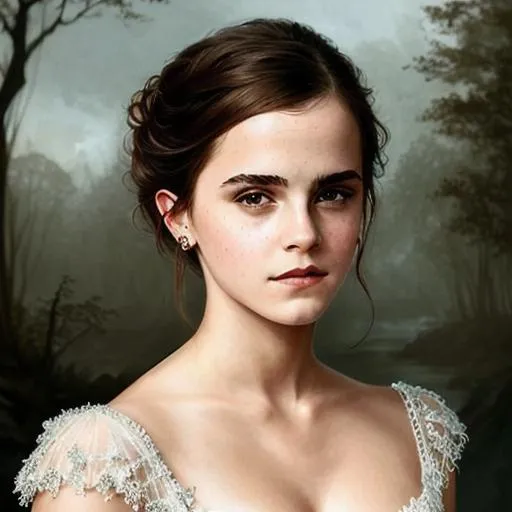 Prompt: Emma Watson,  dark fantasy, intricate, highly-detailed, elegant, dramatic lighting, gorgeous face, lifelike, photorealistic face, long luxurious lace gown, digital painting, artstation, illustration, concept art, smooth, sharp focus, art by Jude Palencar, Luis Royo, John Collier and Albert Aublet and Krenz Cushart and Artem Demura and Alphonse Mucha