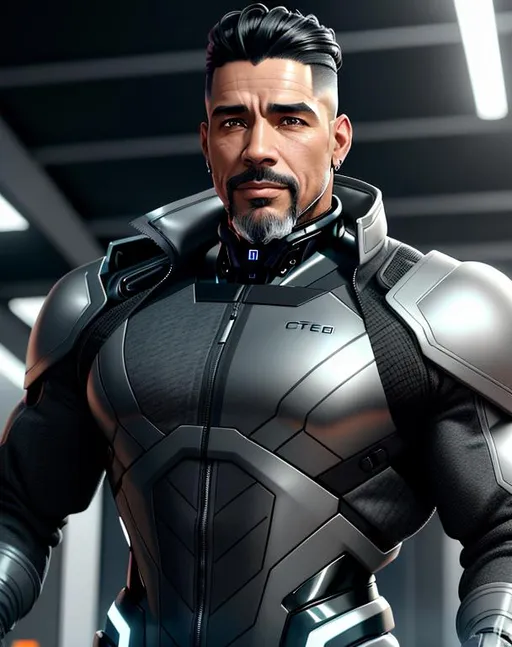 Prompt: perfect composition, bearded goatee {45 year old}, lean and muscular {cuban man}, {wearing futuristic grey and black trench coat with cybernetic attachments}, extra masculine, peak fitness, amused expression, 8k eyes, detailed face, wlop, stanley artgerm lau, artstation, hd, octane render, hyperrealism intricate details, 8k, cinematic volumetric light, proportional, art trending on artstation, sharp focus, studio photo, intricate details, highly detailed, intricate artwork masterpiece, ominous, intricate, epic, trending on artstation, highly detailed, vibrant, production cinematic character render, ultra high quality model, 