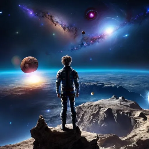 Prompt: scene of a man standing on a cliff in outer space, cosmic background, hd