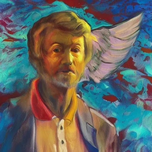 Prompt: Transform the image of angels in heaven into a surrealistic modern oil painting, incorporating vivid colors and exaggerated features to create a dream-like atmosphere. Depict an old male angel, who was a great doctor in his past life, trying to fly with his wings. Let your imagination run wild and bring elements of reality and fantasy together in your artwork. Use bold brush strokes and vivid colors to create a vivid image that captures the beauty and wonder of the heavens and the angels that inhabit it. The goal is to create a painting that is both mysterious and surreal, leaving viewers mesmerized by the otherworldly landscape you have created.