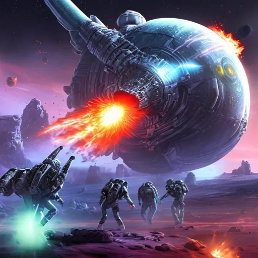 Prompt: huge space men war with aliens battle fire death explosions ice planet