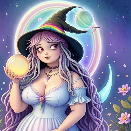 Prompt: plus size witch, long rainbow hair, large chest, holding crystal ball, wearing witch hat, cute, flowers, aesthetic, pastel, fairycore, disney, pixar, moon, stars, witchcraft, in a starry pastel sky,  garden, sweet, dreamy, award winning illustration, artstation, highres, hyper realistic, large eyes,  tarot card style, celestial, sci-fi, fantasy, cottagecore, art nouveau, 