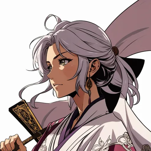 Prompt: tarot card Anime illustration, a silver-haired woman, detailed ornate cloth robe, dramatic lighting, detailed background, detailed beautiful eyes,