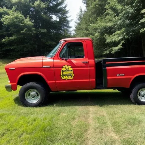 Prompt: A comic book-style pickup truck hauling wood in the country.