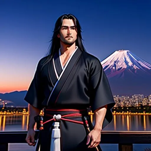 Prompt: 4k UHD Ultra-Realistic anime full body masterpiece of handsome perfect body samurai warrior man with ultra realistic black long tied hair and 4k ultra realistic big blue eyes, ultra realistic traditional kimono outfit with deep cleavage, holding a sheathed katana in hand, wonderful japanese face, standing near the mount Fuji at night, full moon mount fuji at the background, at night scene, very detailed face, extremely detailed face, highly detailed face, perfect face, perfect eyes, perfect teeth, perfect body, perfect anatomy, beautiful body, intricate details, hyperrealistic, professional, ideal human, sharp focus, epic, beauty, sensual feminine romance, highly detailed, detailed face, detailed body, UHD, HDR, 8K, 64k, render, HD Quality, trending on artstation, trending on cgsociety, award-winning, front view, canon, 24mm, hard moon lighting, ((huge chest)), ((handsome))