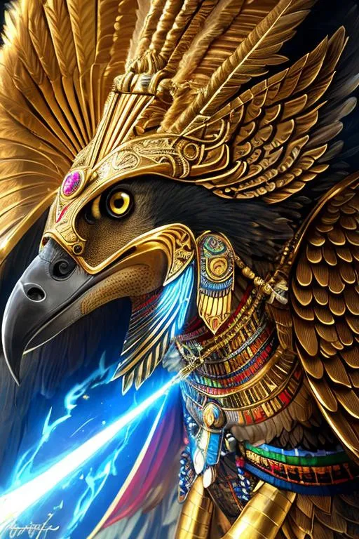 Prompt: Horus, oil painting, anthropomorphic falcon, male, furry, warrior, ancient egypt, 8k, UHD,   bronze weapons, hieroglyphics art, hyperrealistic, photorealistic, beautiful art, furry art, digital art,  hyperperfectionist, muscular, pharaoh, falcon head, hyperdetailed full-body of a werefalcon in battle stance, hyper detailed background, ancient egypt temple inside background, god of egypt, highly detailed, panned out view of the character, tan skin, scary, bloody, fight, pharaoh crown, majestic